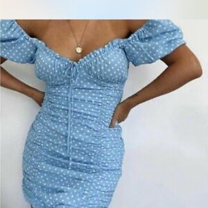 Zara Blue and White Polka dot Ruched Puff Sleeve Mini Dress size small
